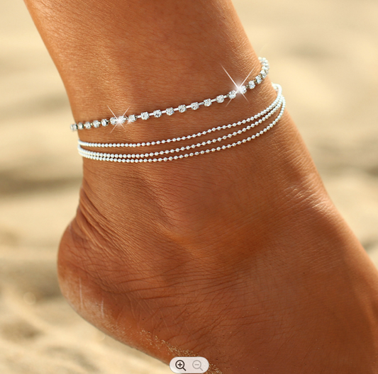 Four Tier Silver Gemstone Anklet
